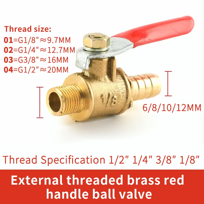 10pcs Ball Valve 4-12mm Hose Barb Connector Joint Copper Pipe Fitting 1/8'' 1/2'' 1/4'' Male Thread Coupler Adapter