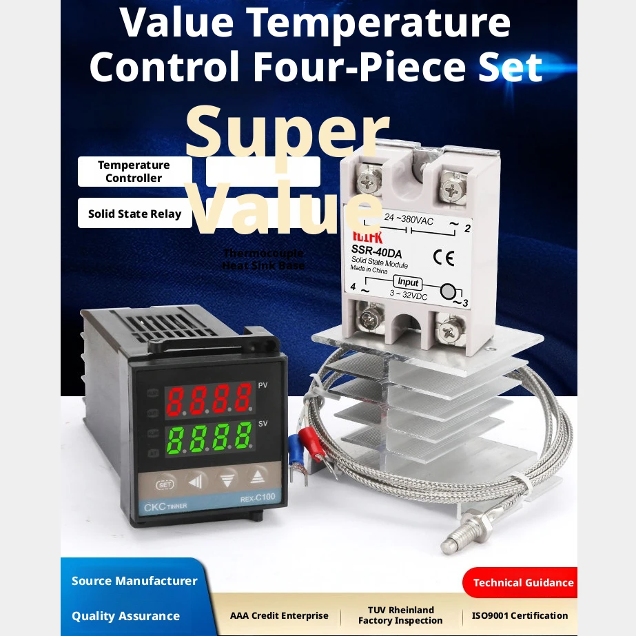 Digital Temp Controller with SSR & K-Type, 24-380VAC Out, Dual LED, PID, for Oven/Heater/Extruder