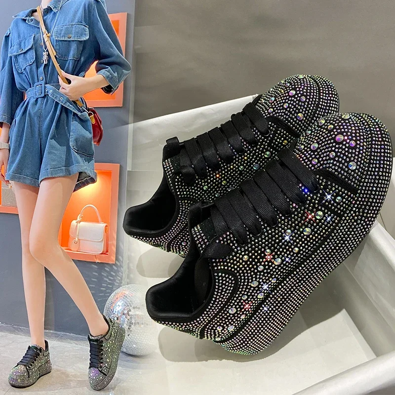 Fashion Sneakers Women Trend 2024 New Spring Autumn Platform Lace Up Rhinestone Women Casual Shoes designer Shiny Ladies Shoes