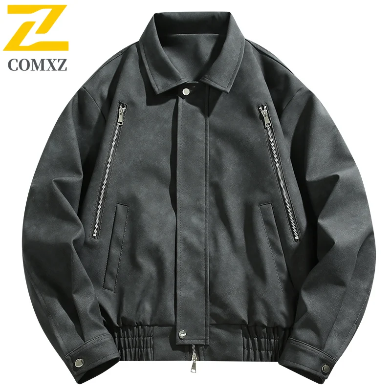 COMXZ Jaket Kulit Pria 2025 Kasual Luar Ruangan Olahraga Tahan Angin Mantel Kulit Santai Trendi Gaya Harian Musim Gugur Mantel Baru