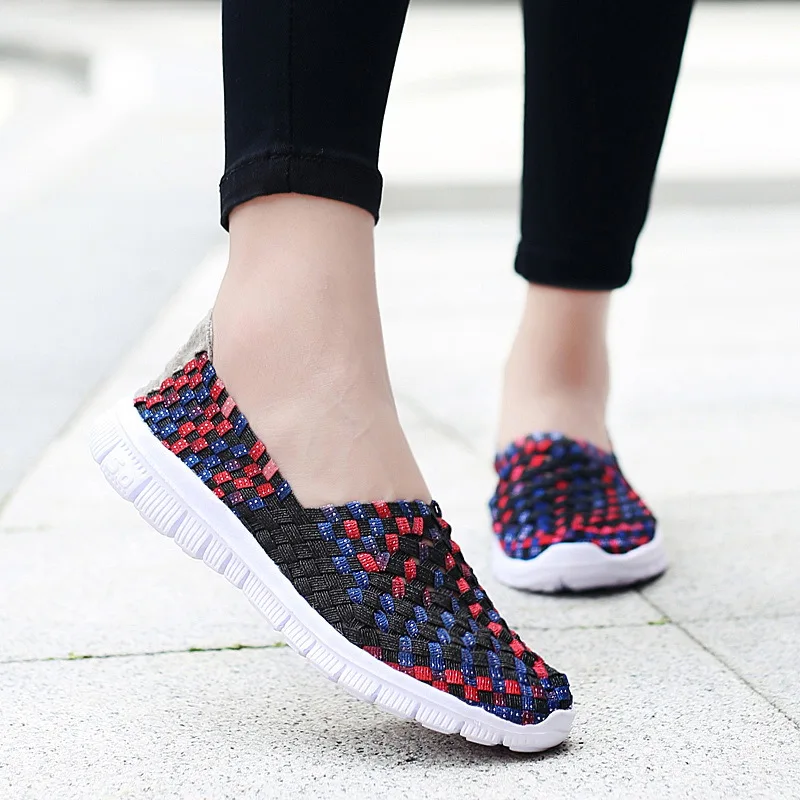 Women Sneakers Summer Breathable Lightweight Slip on Women Flat Shoes Female Loafers Manual Woven Shallow Women Casual Shoes