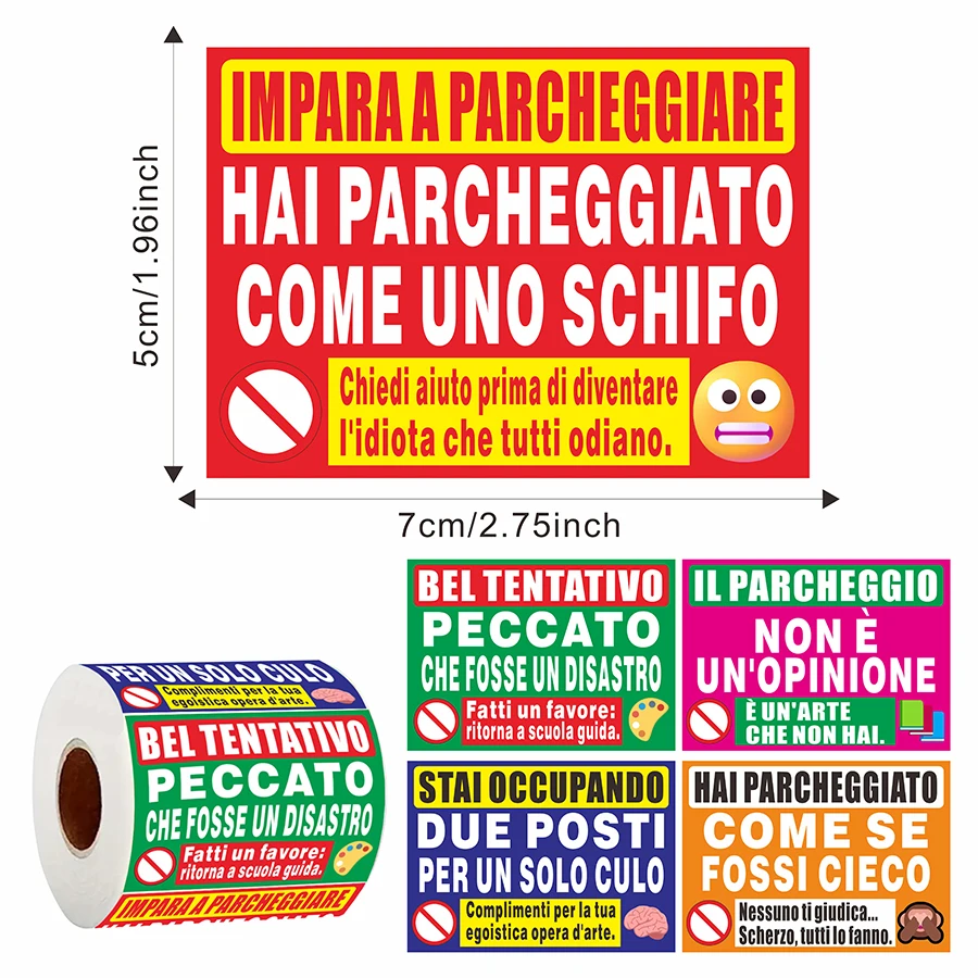 150Pcs Italian Funny Parking Warning Stickers Roll - 5 Designs, Self-Adhesive Humorous No Parking Labels