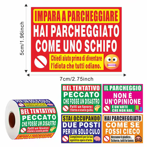 150Pcs Italian Funny Parking Warning Stickers Roll - 5 Designs, Self-Adhesive Humorous No Parking Labels