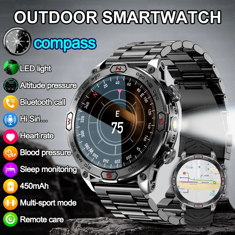 Full Touch AMOLED Screen Smart Watch 450MAH GPS Sport Fitness Altitude Pressure Compass Bluetooth Call Heart Rate Smartwatch New