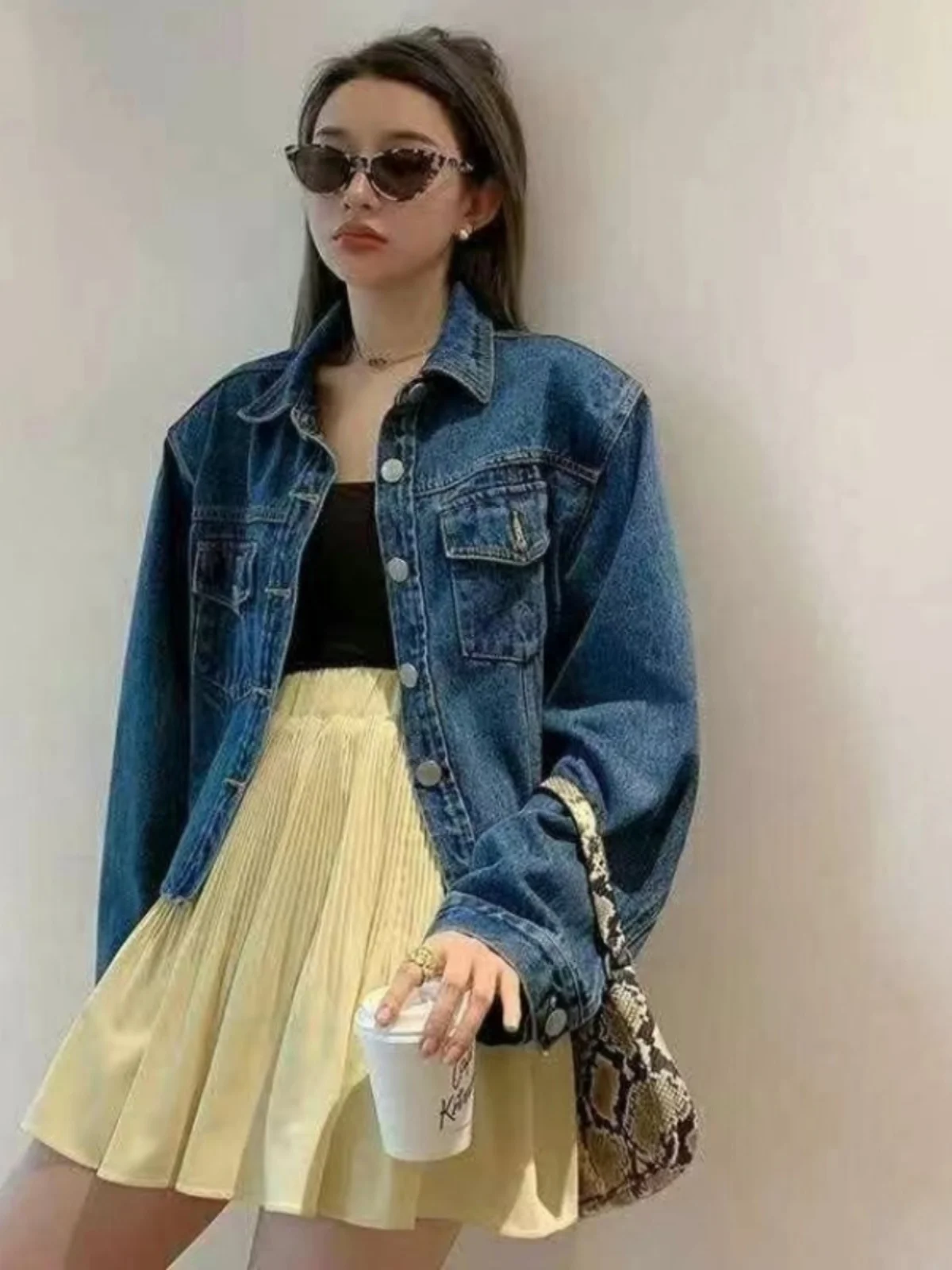 

Retro Waed Loose Women's Denim Jaet Double ket Collar Trendy Front ort Ba Long Cotton Jeans Jaet