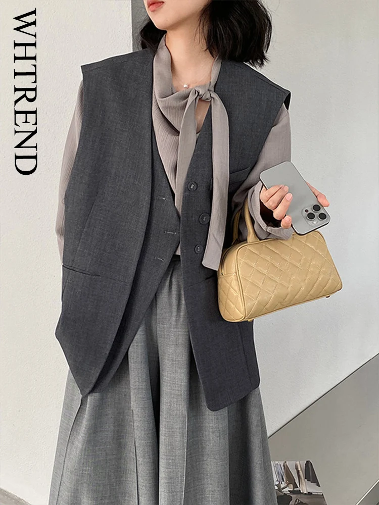 

WHTREND Korean Style Suit Vest For Women V-Neck Single Breasted Irregular Gray Vest Jacket Coat Autumn New WH1300