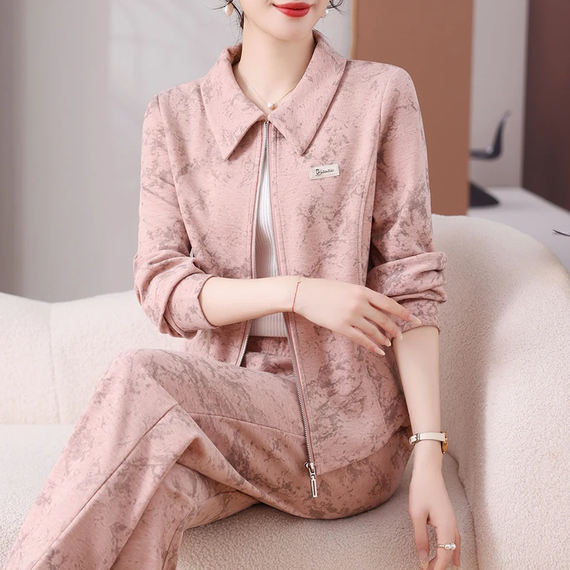 

Осенний спортивный костюм для женщин: комплект из двух предметов для мам, повседневный, свободного кроя, с длинными брюками и молнией, модный, для женщин среднего возраста