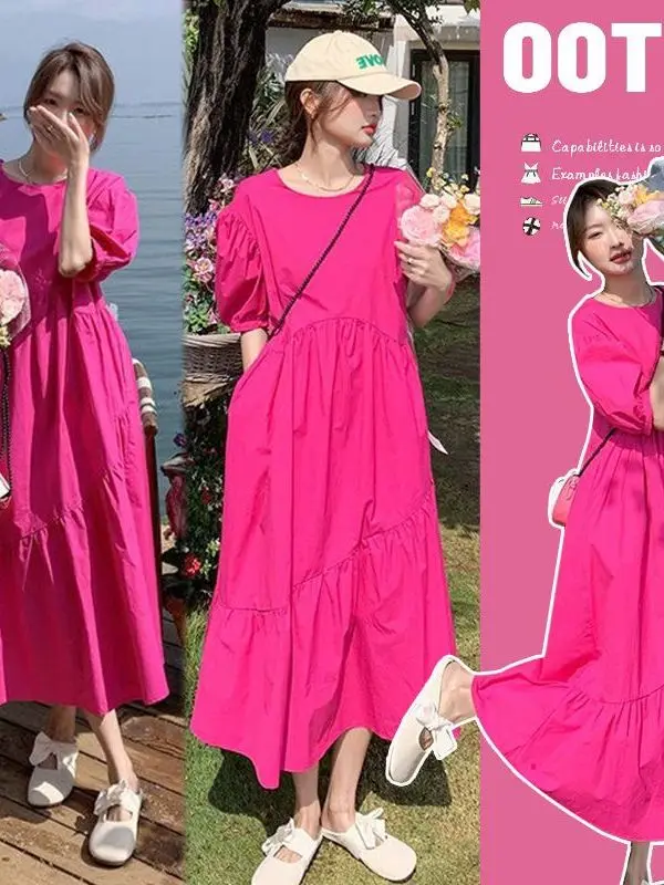 Pink Bubble Sleeve Dress Women's Gentle Style A-Line Long Dress Summer Casual Comfortable Breathable Short Sleeve round Neck
