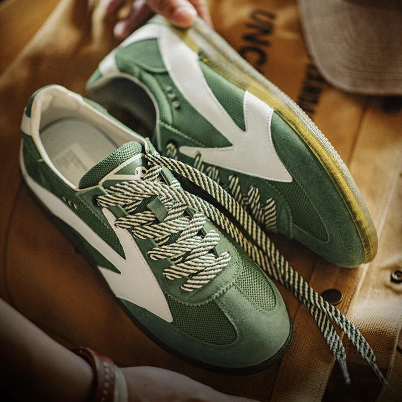 Maden New Retro German Trainers Shoes Men's Summer Mesh Breathable Low-Top Sneakers Vintage Patchwork Casual Street Green Shoes