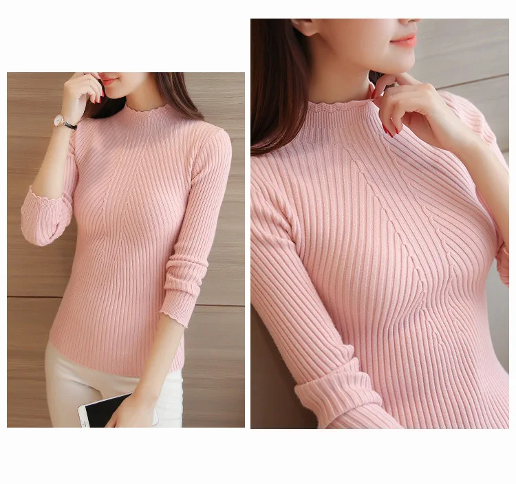 2026 Herbst Damen Mock Neck Rüschen Pullover Langarm Gestrickter Einfarbiger Pullover Gestreifter Damen Freizeitpullover Winter – Detail 9