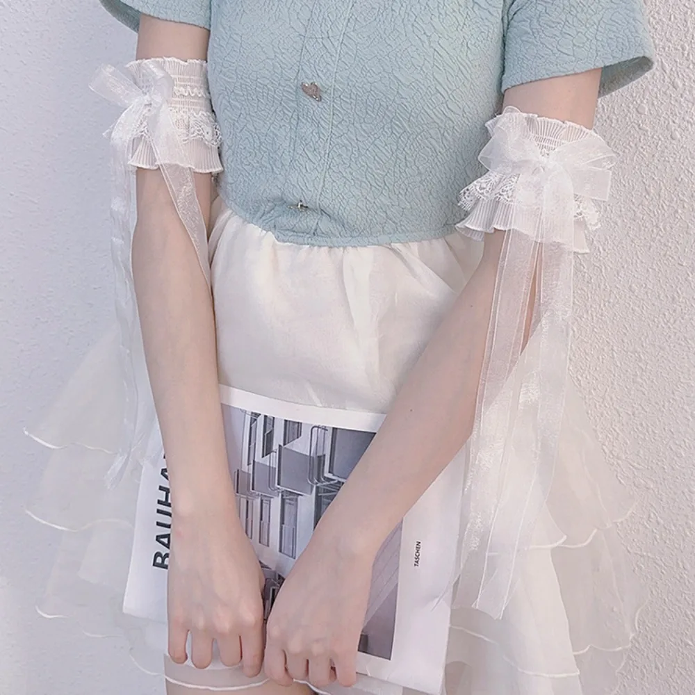 Bowknot Arm Sleeve Hand Sleeve Ruffled Floral Layered Lace Arm Cuffs Oversleeves Lolita Maid Cosplay Wrist Cuffs