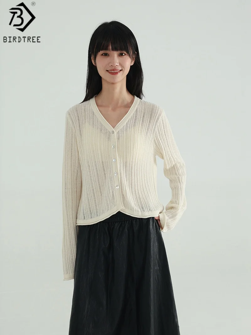 

Birdtree 29.9% Sheep Wool Knited Solid Cardigan,Woman Wool Blend Single Breasted V-neck Hollow Translucent Autumn Coat T59440JF