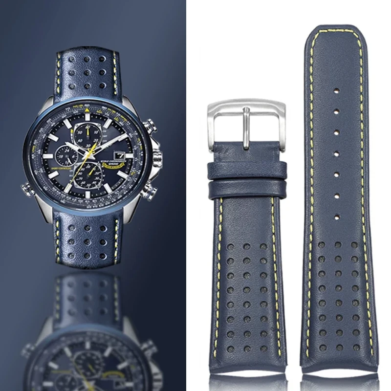 New Cowhide Watch Strap 22 23mm for CITIZEN Blue Angel Radio Wave Watchband AT8020-54L/8020-03L/JY8078 Curved End Watch Bracelet