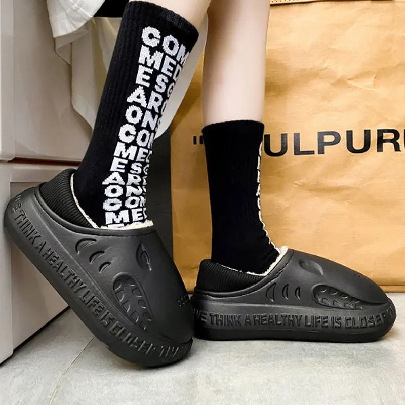 Winter New Men Slippers Thick Platform Waterproof Non-Slip Rubber Home Warm Indoor Fur Cotton Men Couples Ladies Cartoon Shoes