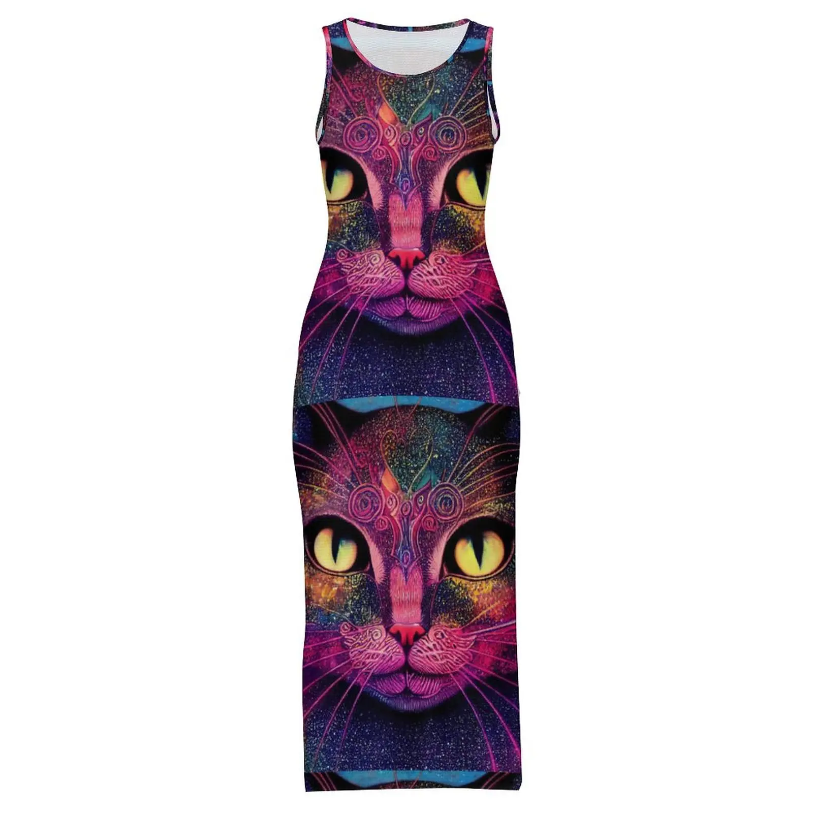Women Bodycon Dress Slim Sexy Magic Cats Maxi Dresses Holiday Animal Print Sleeveless Aesthetic Custom Dress Large Size