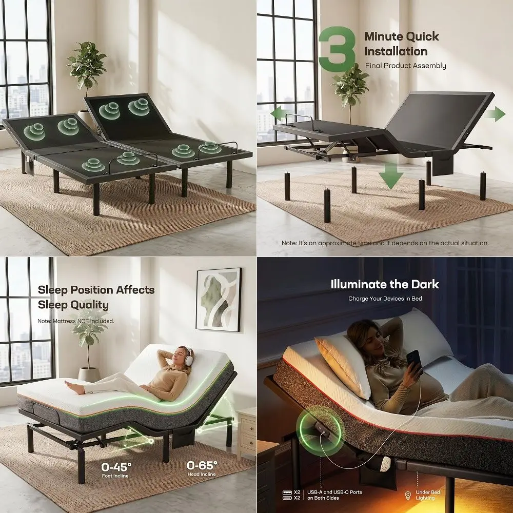 

Split King Adjustable Bed Base with Massage, Smart Dual Motor Bed Frame with Wireless Remote, Zero Gravity amp AntiSnore Mode,