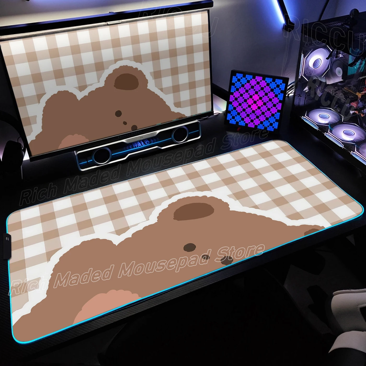 

Cute Bear Desk Mat Large RGB Minimalist Brown Kawaii Animal Mousemat LED Gaming Mousepad Luminous Desk Pad XXL Gamer Backlit Pad