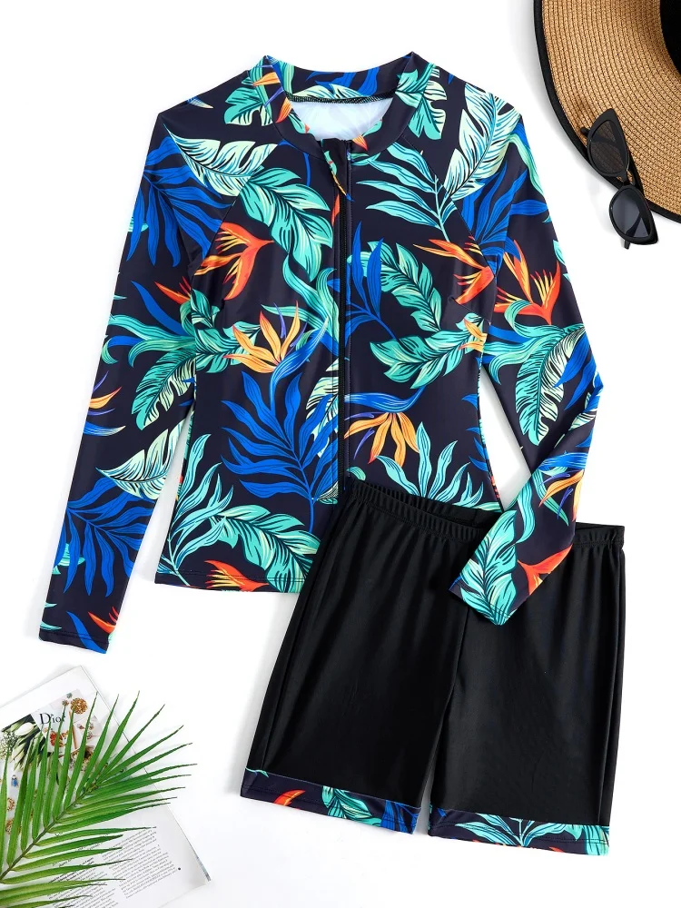 

Two Piece Swimsuit Women 2025 New Print Solid Long Sleeve Zipper Sexy High Waist Swimwear Summer Beach Wear Bathing Suit Female