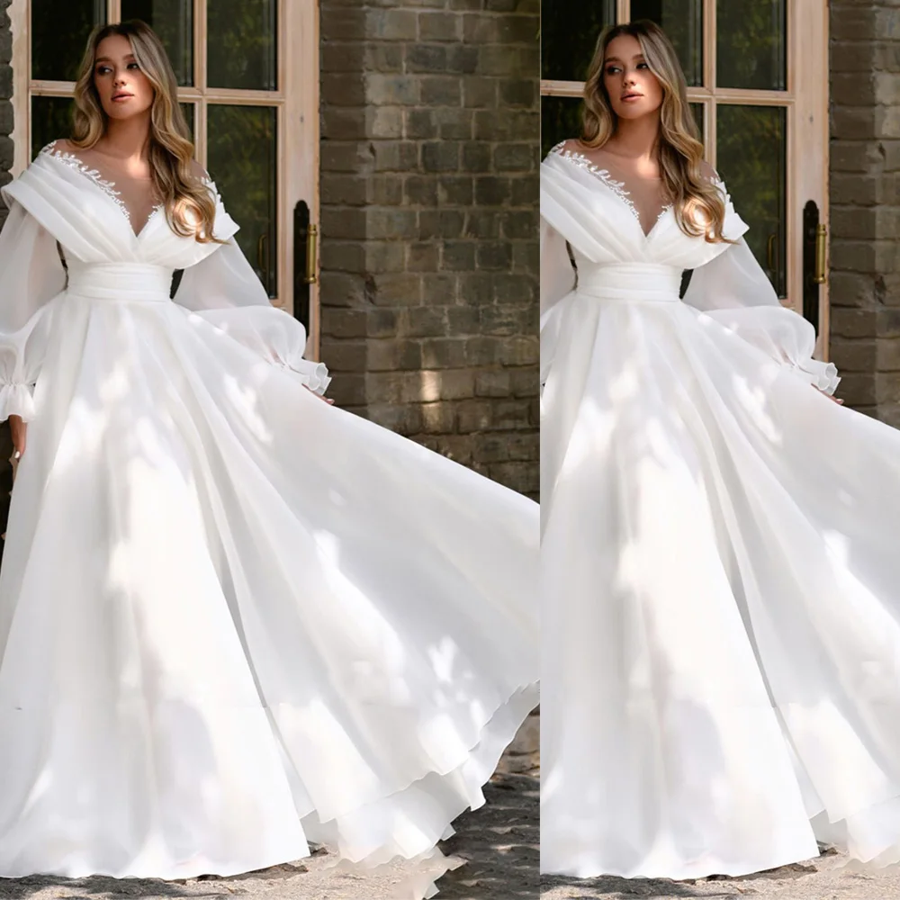 Modern Sheer Neck A Line Wedding Dresses Puffy Sleeve Bead Organza Bridal Gown Button Back Boho Robe De Mariee