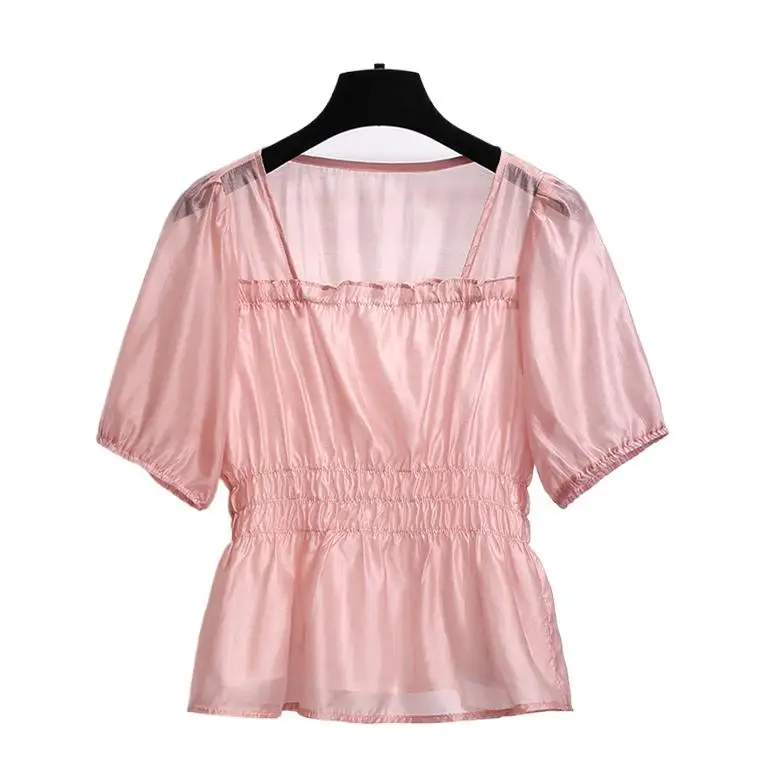 

Summer lightweight slim puff sleeves synthetic silk blouse tops, Fashion streetwear Ruffle Square Neck Lyocell half Sleeve Shirt