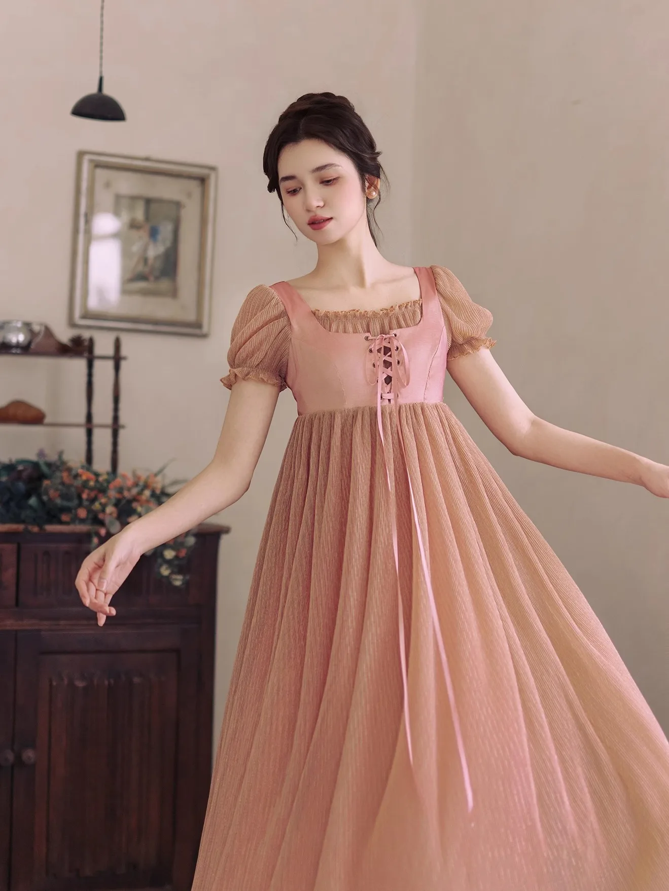 TIYIHAILEY レディース メッシュワンピース 半袖 ロング丈 マキシワンピース S-XL ヴィンテージ ハイウエスト 2026年新作 ピンク 夏 スクエアネック