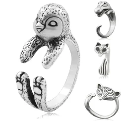 Vintage 4 Style Penguin & Fox & Dinosaur & Tyrannosaurus Rex Shape Wrap Finger Ring for Women Men Kids Gift for Animal Jewelry