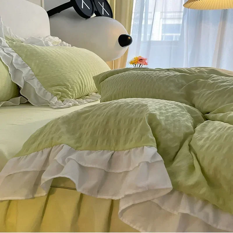 4Pc Korean Double-Layer Lace Bubble Cotton Bedding Set Skin-Friendly Bedsheet Set for Home Washable Solid Color Bed Linens