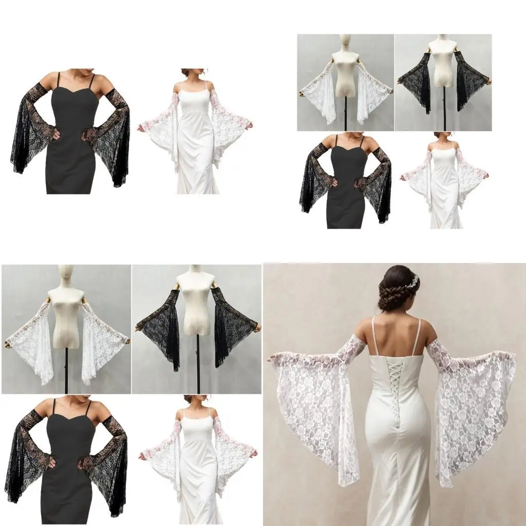 

652F Elegant Long Bells Arm Sleeves Arm Coverage Gloves with Lace Flower Design For Bridal Outfit And Formal Event Dressingup