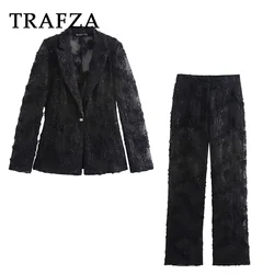 TRAFZA 2024 Autumn Women Casual Texture Translucent Suits Button Beading Blazer+Zipper Long Pants Slim Women Fashion Sets