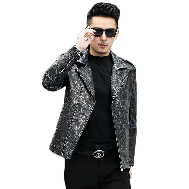 

2022 Autumn Winter Jacket Men's Clothing Genuine Leather Jacket Men Suit Collar Short Fashion Top Layer Cowhide Leather Coat FCY