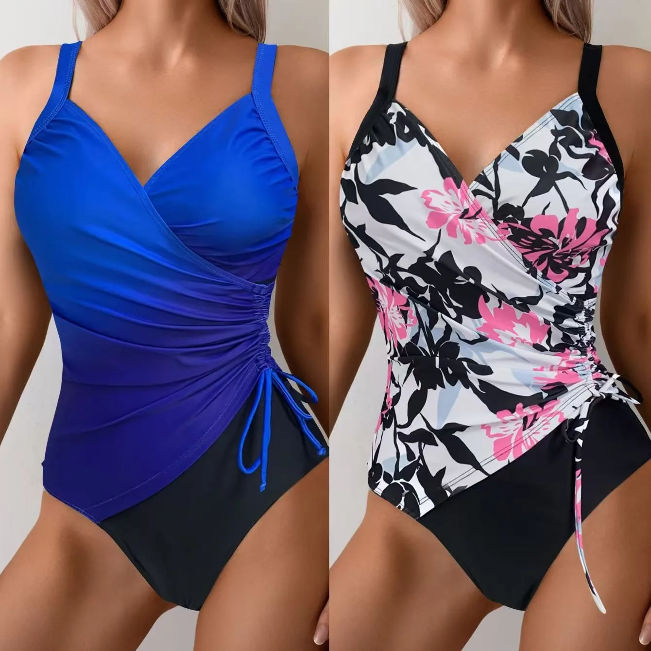 Woman Tankini Tummy Control Bikinis Sleeveless V Neck Swimsuit Side Ruching Swimwear Floral Print Tankinis Women's Tummy-control
