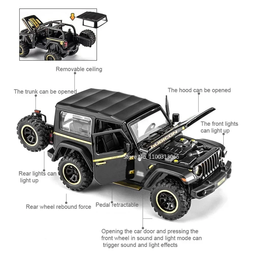 1:32 Wrangler Rubicon modelos de coches de juguete, coche de policía en miniatura de aleación, modelo de vehículo, sonido ligero, coche todoterreno para niños, regalo de cumpleaños