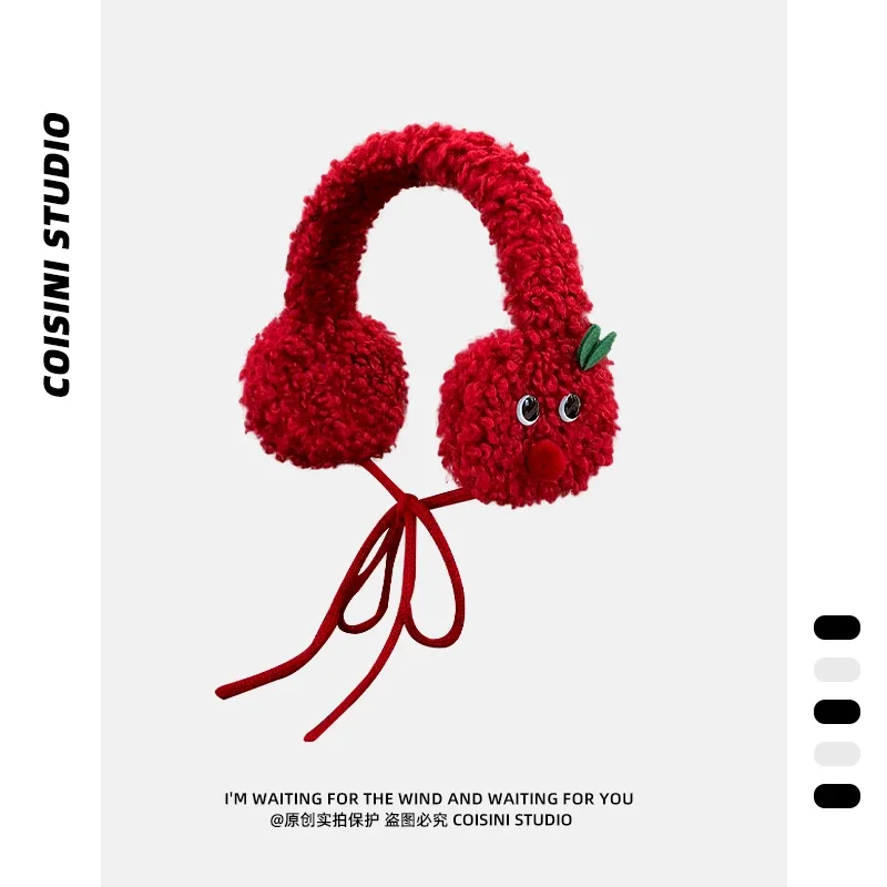 Korean Version Niche Design Apple Shape Earmuffs Women's Winter Simple and Cute Plush Warm Fun Lace-up Earflap