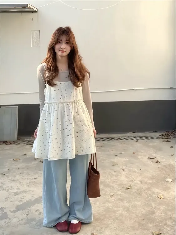 

Korean Style Floral Print Halter Neck Long Sleeve Top And Skirt Women's Summer Fashion Set Two-Piece Outfit Ins Layering Ense...