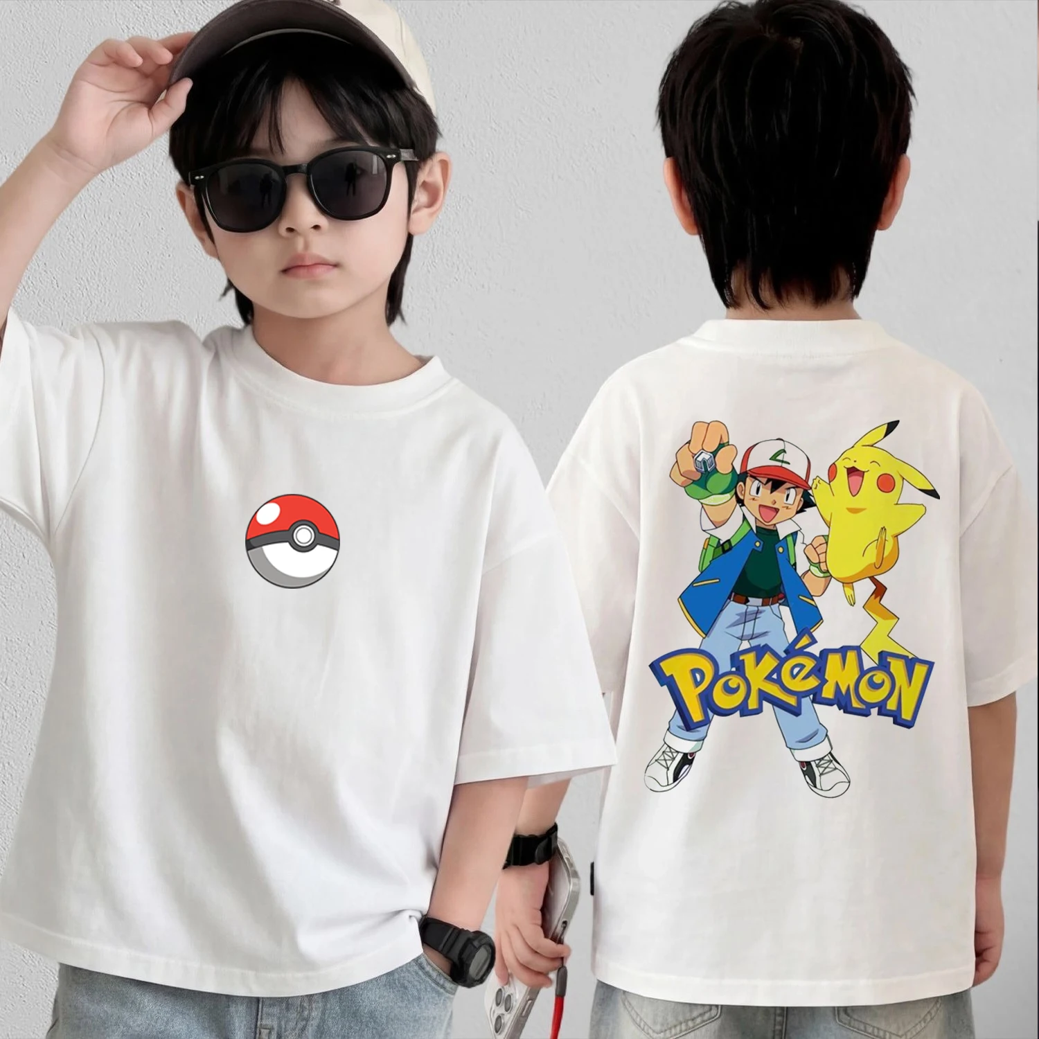 

Summer Anime Pokémon Cosplay T-Shirt Cotton Short Sleeve Tops Casual Loose Retro T-Shirt Men Women Kids Family Matching Outfits