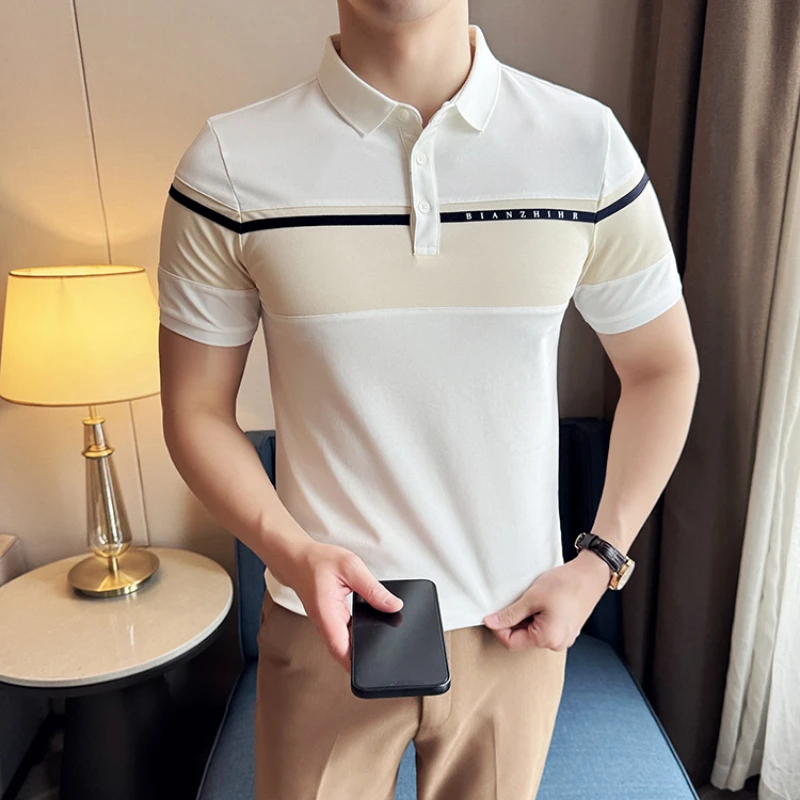 2024 Korean Contrasting POLO Shirt for Men Short Sleeve Slim Fit T-shirts Versatile Business Casual Lapel Tee Tops Men Clothing