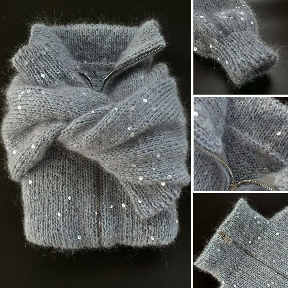 New Sparkly Sequin Sequin Knitted Cardigan Stand Collar Long Sleeve Glitter Lapel Coat Double-zip Cardigan Autumn Winter