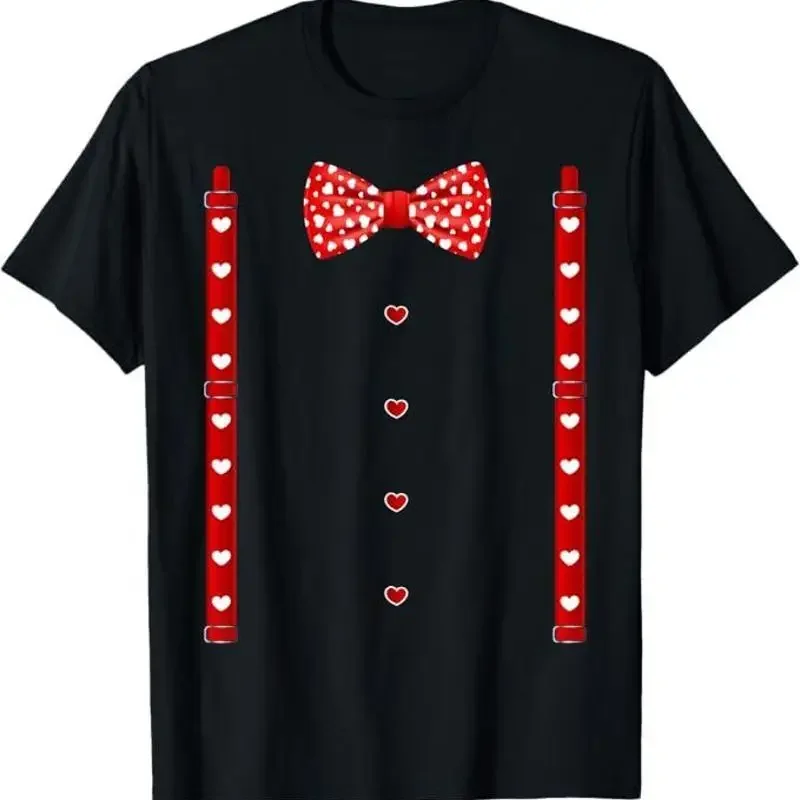 Red Hearts Bow Tie Suspenders Valentines Day Costume T-Shirt