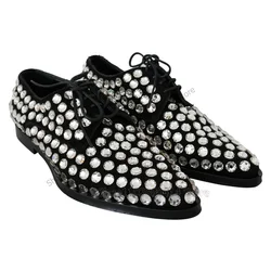 Silver Crystal Decor Black Pointed Toe Men Shoes Fashion Lace Up Male Shoes Luxury Handmade Party Feast Wedding Men Dress Shoes