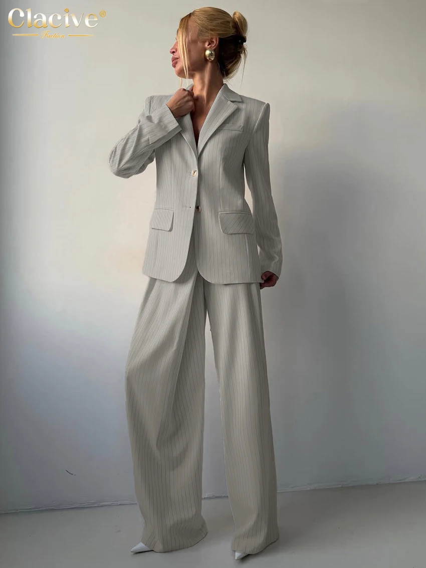 

Clacive Fashion Loose Dark Blue Stripe Women's 2-Piece Sets Elegant Long Sleeve Blazer With High Waist Wide Pants Set Female