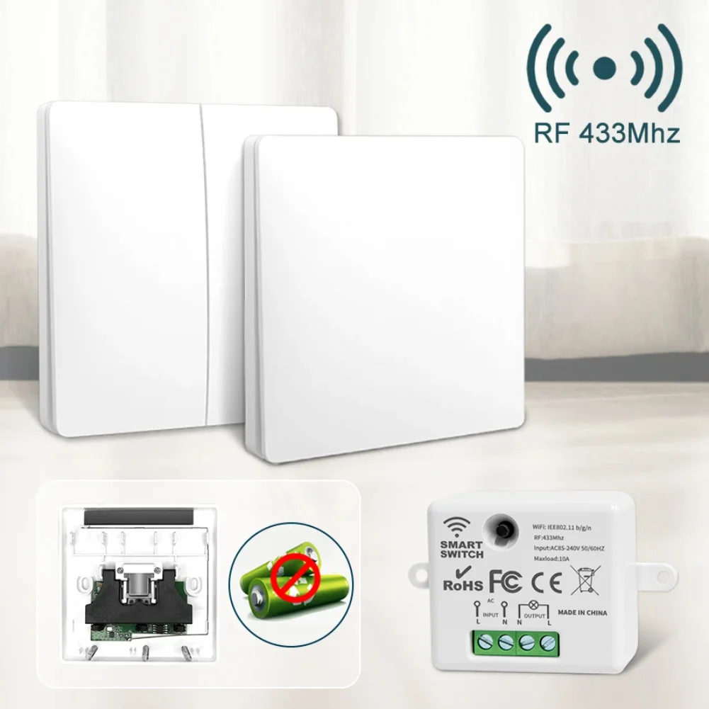 

Self-powered Wireless Wall Switch No Battery Required 86Type RF433Mhz Remote Control Light Switch Waterproof 1/2 Gang No Wiring