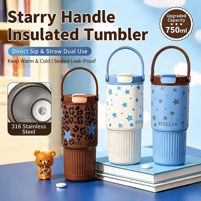 Large Capacity Portable Stainless Steel Insulated Water Bottle for Women Star High Aesthetic Value Handheld Cooling King Cup