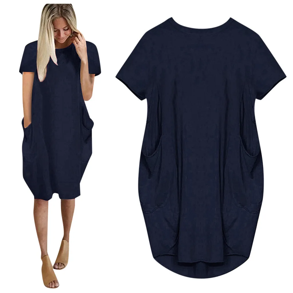 Plus Size Women Short Sleeve O-Neck Loose Casual Dresses Casual Short Sleeve Shirt Mini Dresses Round Neck Pockets Sexy Female T