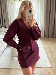 Trendix Elegant Knit Skirt Sets Women V Neck Long Sleeve Slim Burgundy Cardigan High Waist Mini Skirt 2PCS Suits Womens Outfits