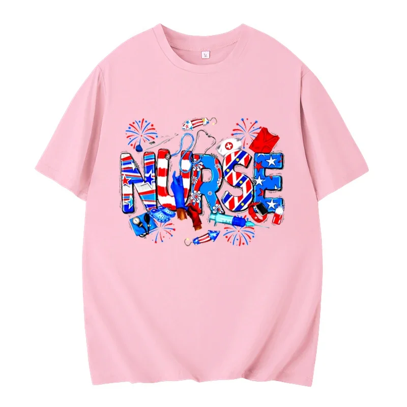 Summer T-Shirts Nurse 4th of July Letters Print Crew Neck T-Shirt Nurse American Stethoscope 4th of July T-Shirt Oversized Shirt