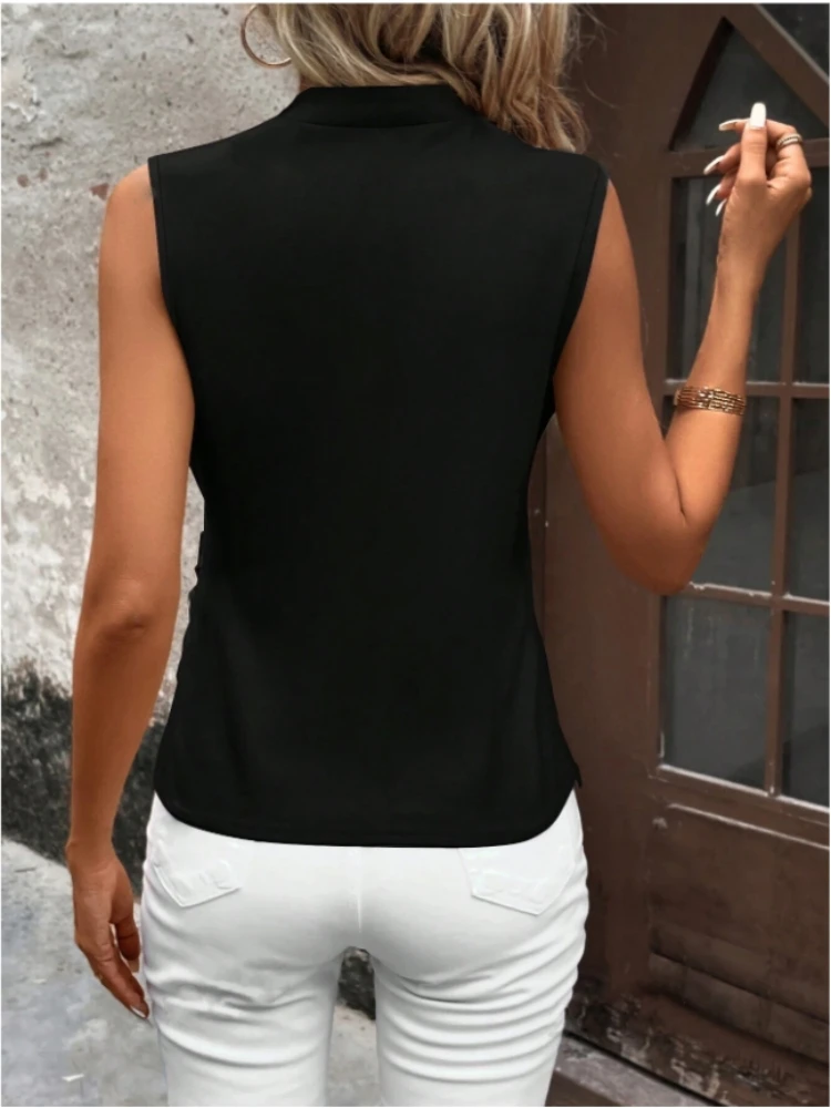 Colete feminino preto com decote em V e bainha irregular, design de moda versátil para primavera verão, deslocamento casual