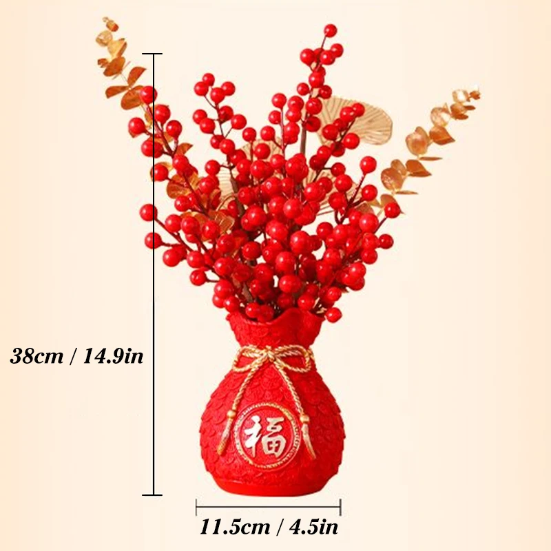 2024 Chinese New Year Decoration Red Fortune Fruit Artificial Golden Eucalyptus Leaf Lucky Flower Money Bag with Red Fruit ​vase