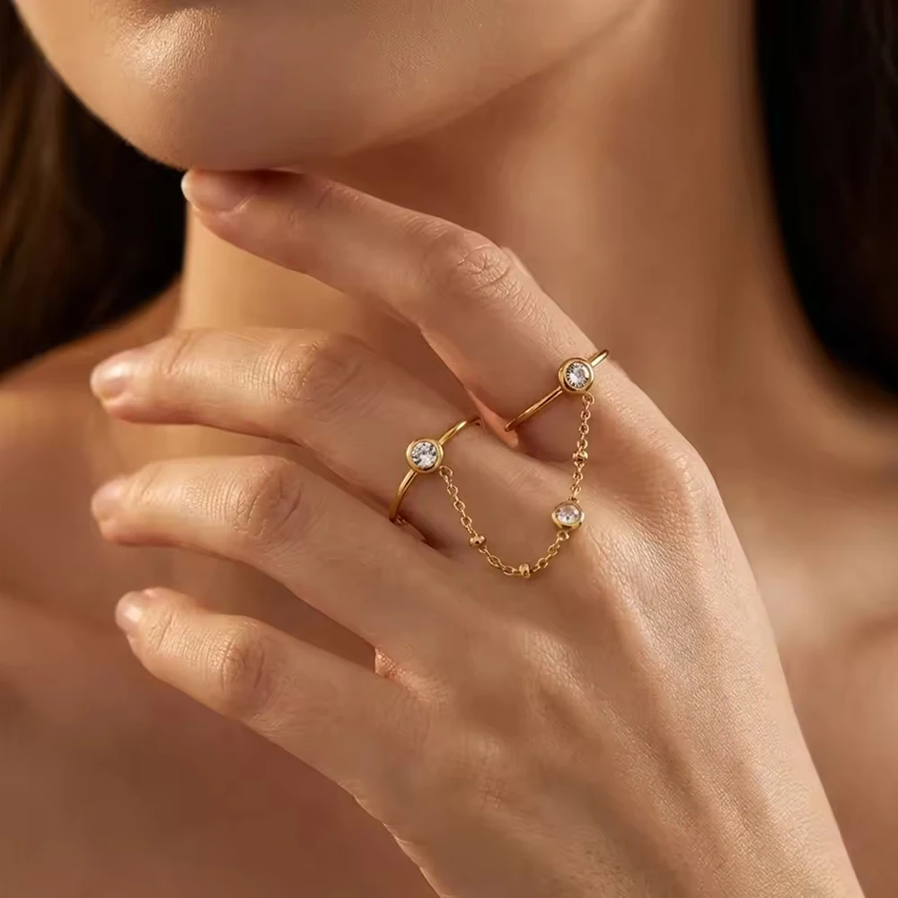 Popular Zircon Double Round Chain Rings for Women 18K Gold Plated PVD Mitten Knuckle Ring Personality Vintage Jewelry Waterproof