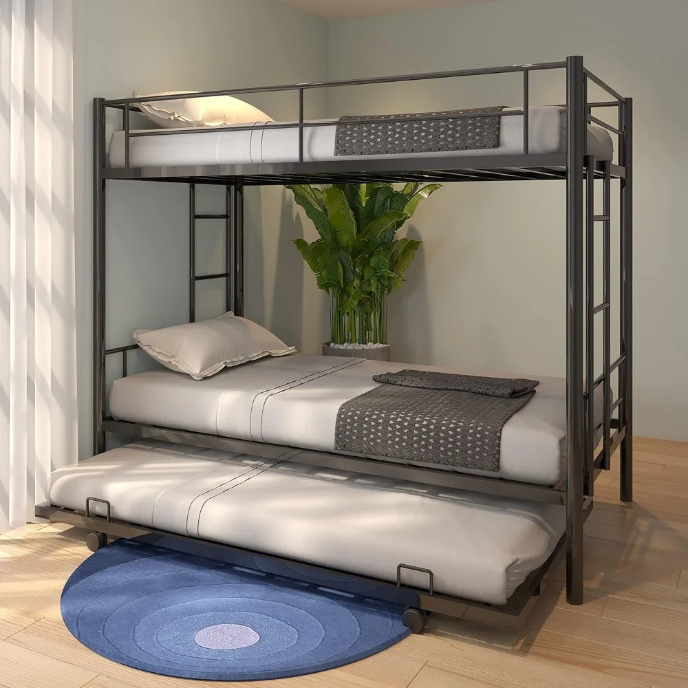 Litera doble sobre doble de metal con cama nido, estructura de litera resistente con 2 escaleras laterales, litera convertible con rieles de protección