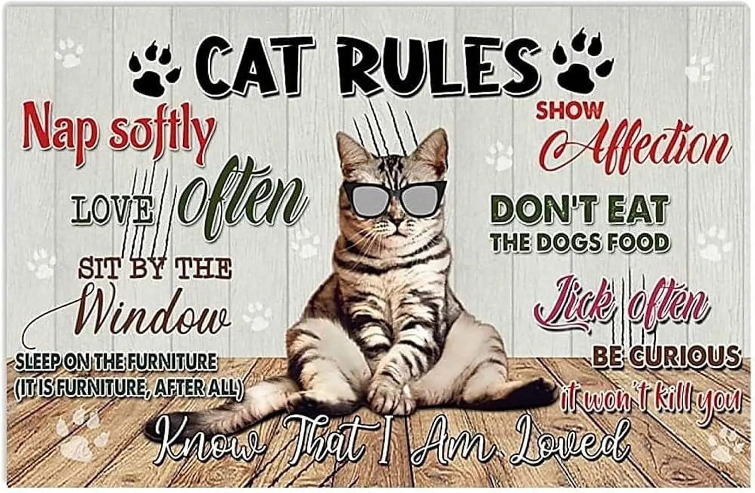 Металлический плакат, табличка с котом, правила, ретро металлический жестяной знак, винтажный алюминиевый знак для домашнего декора, комнатный металлический декор 12x8 дюймов